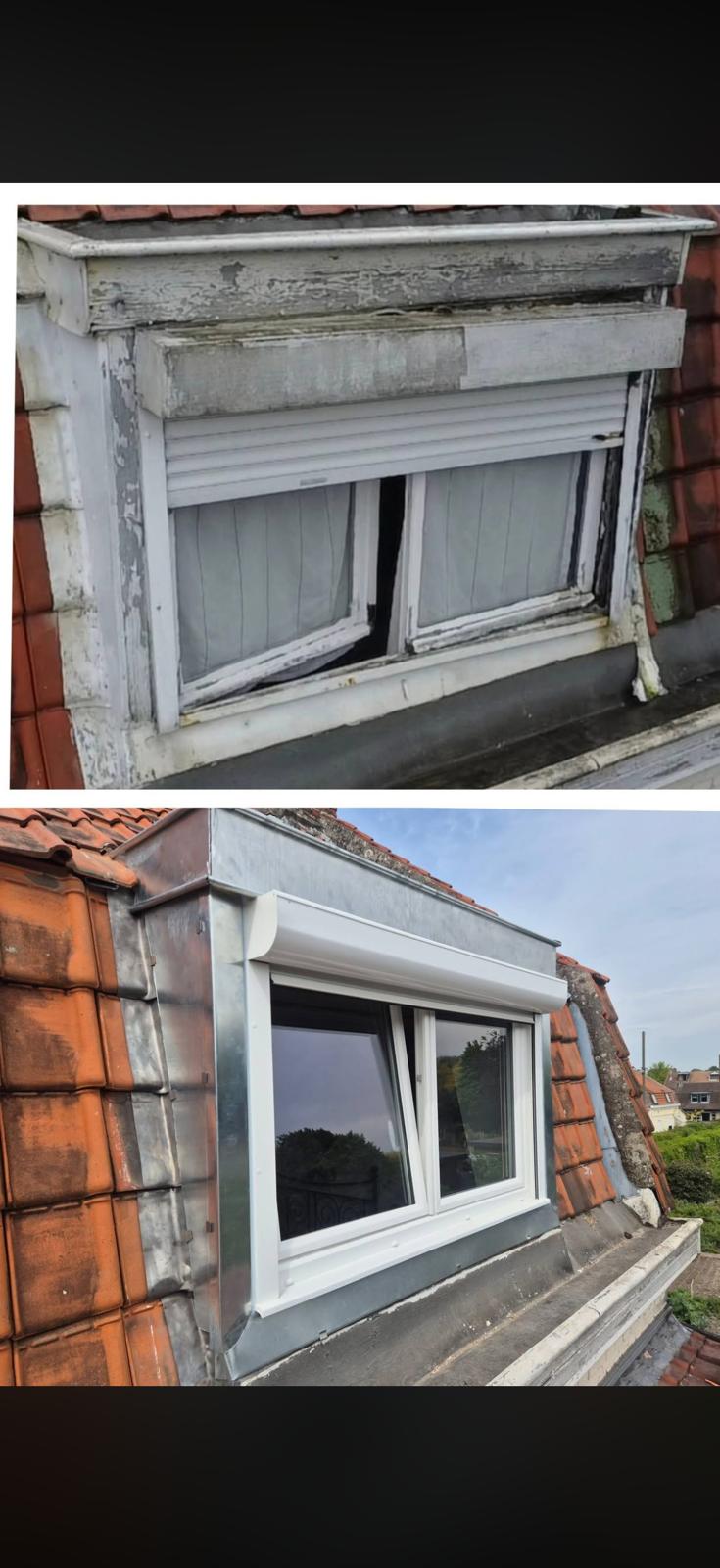 Avant/Après : lucarne (chien-assis) — habillage zinc neuf, fenêtre PVC remplacée