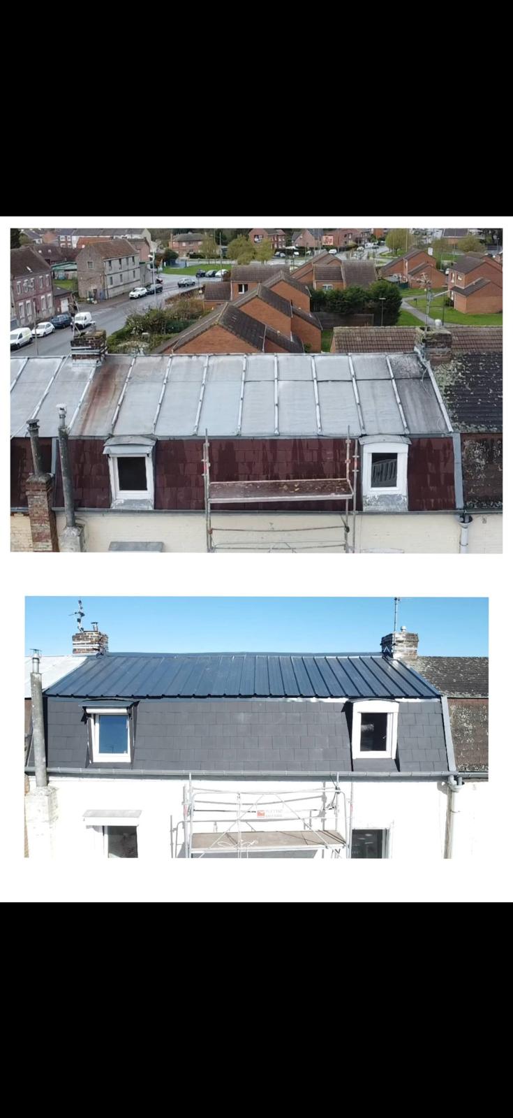 Avant/Après : rénovation complète toiture ardoise + pose zinguerie zinc joints debout + lucarnes refaites — vue drone