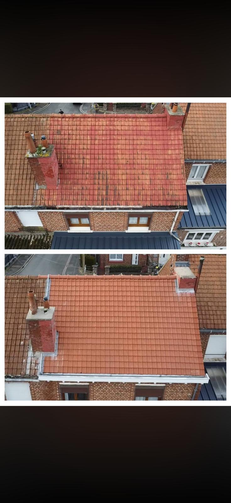 Avant/Après : démoussage toiture tuiles rouges + souche cheminée refaite — vue drone